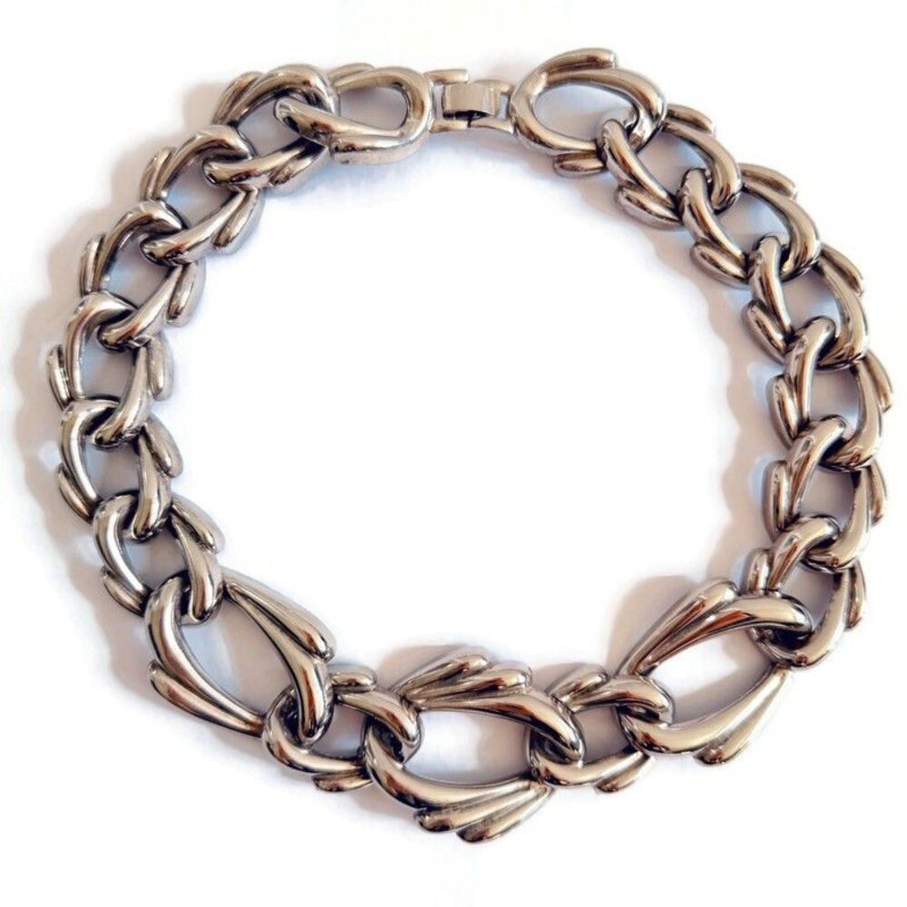 Vintage Silver Plate Collar Necklace 18" Chunky Estate